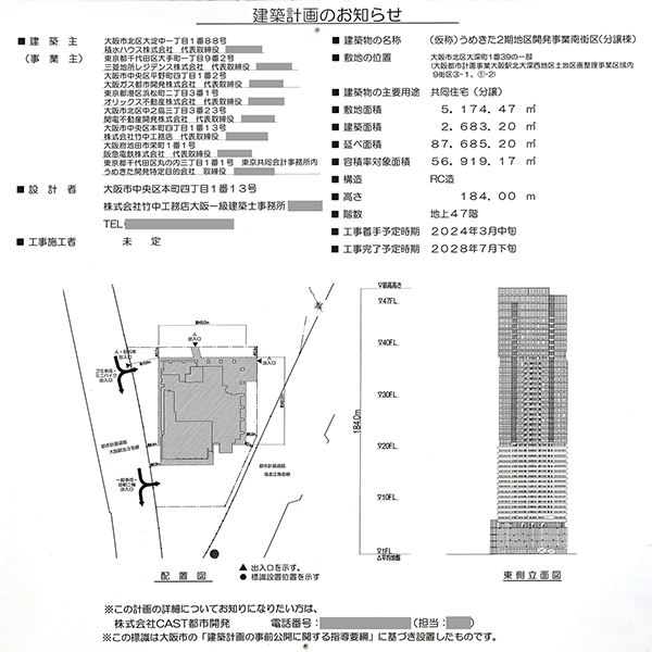 グラングリーン大阪（うめきた2期地区開発事業）南街区分譲棟の建築計画のお知らせ