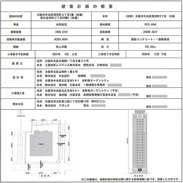 (仮称)大阪市中央区博労町3丁目計画の建築計画の概要