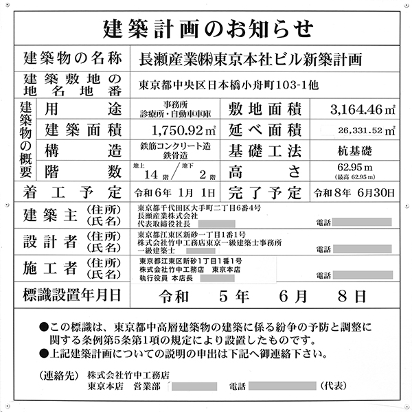 長瀬産業(株)東京本社ビル新築計画の建築計画のお知らせ