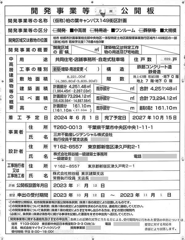 (仮称)柏の葉キャンパス149街区計画の開発事業等構想公開板