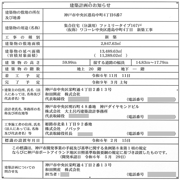 ワコーレ神戸P.I.TOWER RESIDENCEの建築計画のお知らせ