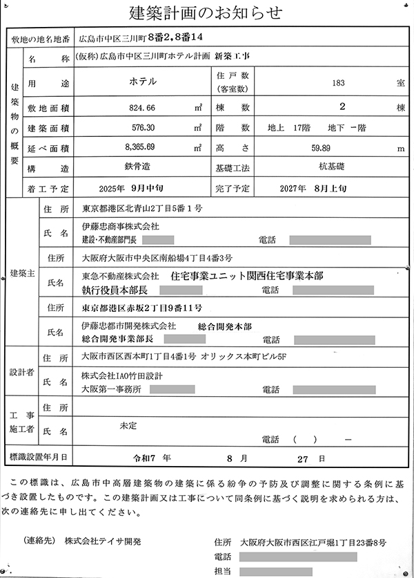 コートヤード・バイ・マリオット広島の建築計画のお知らせ