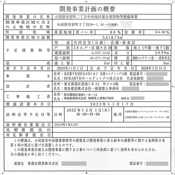 レーベン小田原 SKYS THE TOWERの開発事業計画の概要