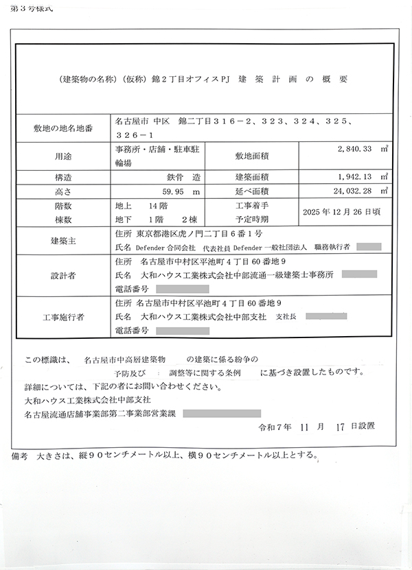 (仮称)錦2丁目オフィスPJの建築計画の概要