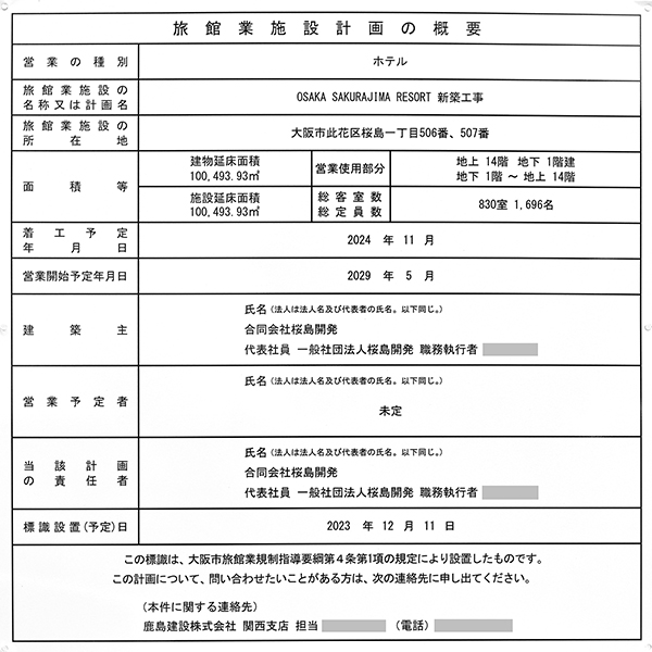 (仮称)OSAKA SAKURAJIMA RESORT新築工事の旅館業施設計画の概要